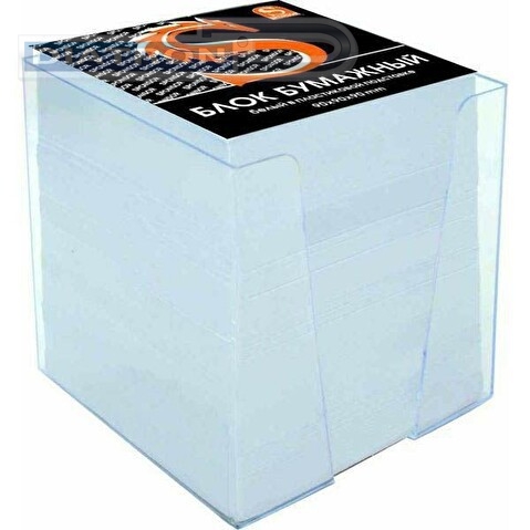 Блок бумажный белый  9х9х9см в подставке прозрачной, ЭКОНОМ