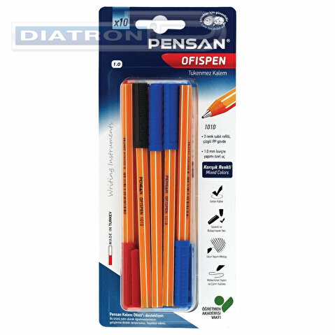 Ручка шариковая PENSAN Officepen, 0.5/1.0мм, корпус оранжевый, 3 цвета, 10шт/уп