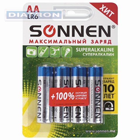 Батарейка SONNEN AA/LR6/1.5V, супералкалиновая, 4шт/уп