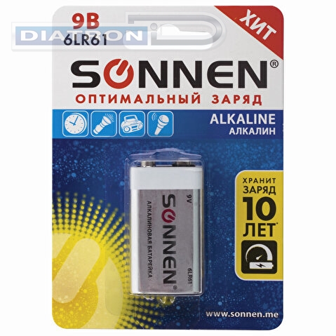 Батарейка SONNEN Крона/6LR61/9V, алкалиновая