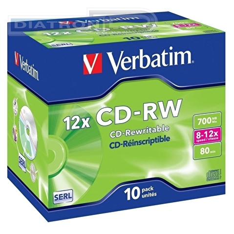 Перезаписываемый компакт-диск CD-RW VERBATIM 700МБ, 80мин,  8-10x, 10шт/уп, Jewel Case, DL+ (43148/7)