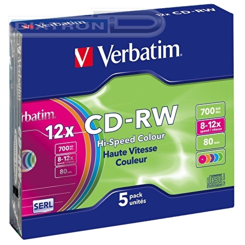 Перезаписываемый компакт-диск CD-RW VERBATIM 700МБ, 80мин,  8-12х, 5шт/уп, Slim Case, Color, DL+ (43167)