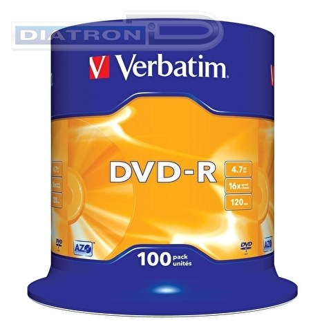 Записываемый DVD-диск в боксе DVD-R VERBATIM 4.7ГБ, 16x, 100шт/уп, (43549)