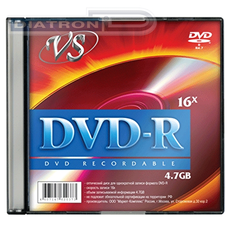 Записываемый DVD-диск DVD-R VS               4.7ГБ, 16x,  5шт/уп, Slim Case