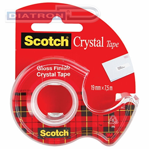 Лента клейкая канцелярская 3M Scotch Crystal 6-1975D, 19мм х 7.5м, кристально прозрачная, на диспенсере