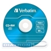 Перезаписываемый компакт-диск CD-RW VERBATIM 700МБ, 80мин,  8-12х, 5шт/уп, Slim Case, Color, DL+ (43167)