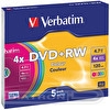 Перезаписываемый DVD-диск DVD+RW VERBATIM 4.7ГБ, 4x,  5шт/уп., Slim Case, Color, SERL, (43297)