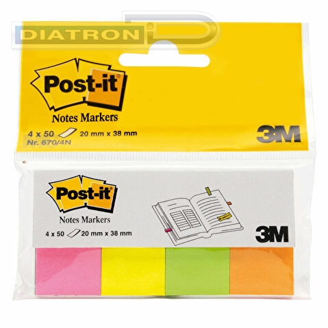 Закладки 3M Post-it Professional 670-4N, 20х 38мм, клейкие, бумажные, 4 цвета по 50л, розовый, зеленый, желтый, оранжевый
