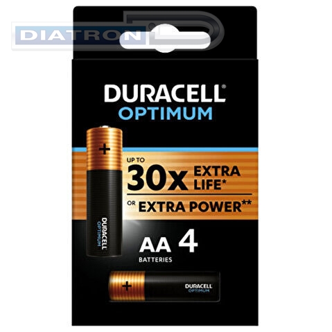 Батарейка DURACELL AA/LR6, 1.5V, Optimum, алкалиновая,  4шт/уп