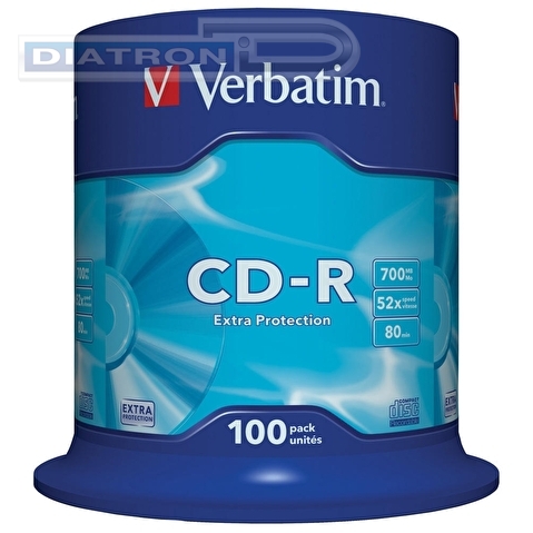 Записываемый компакт-диск в боксе CD-R VERBATIM 700МБ, 80мин, 52x, 100шт/уп, DL (43411)