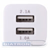Зарядное устройство сетевое SONNEN, 2 порта USB, выходной ток 2.1 А, белое, 454797
